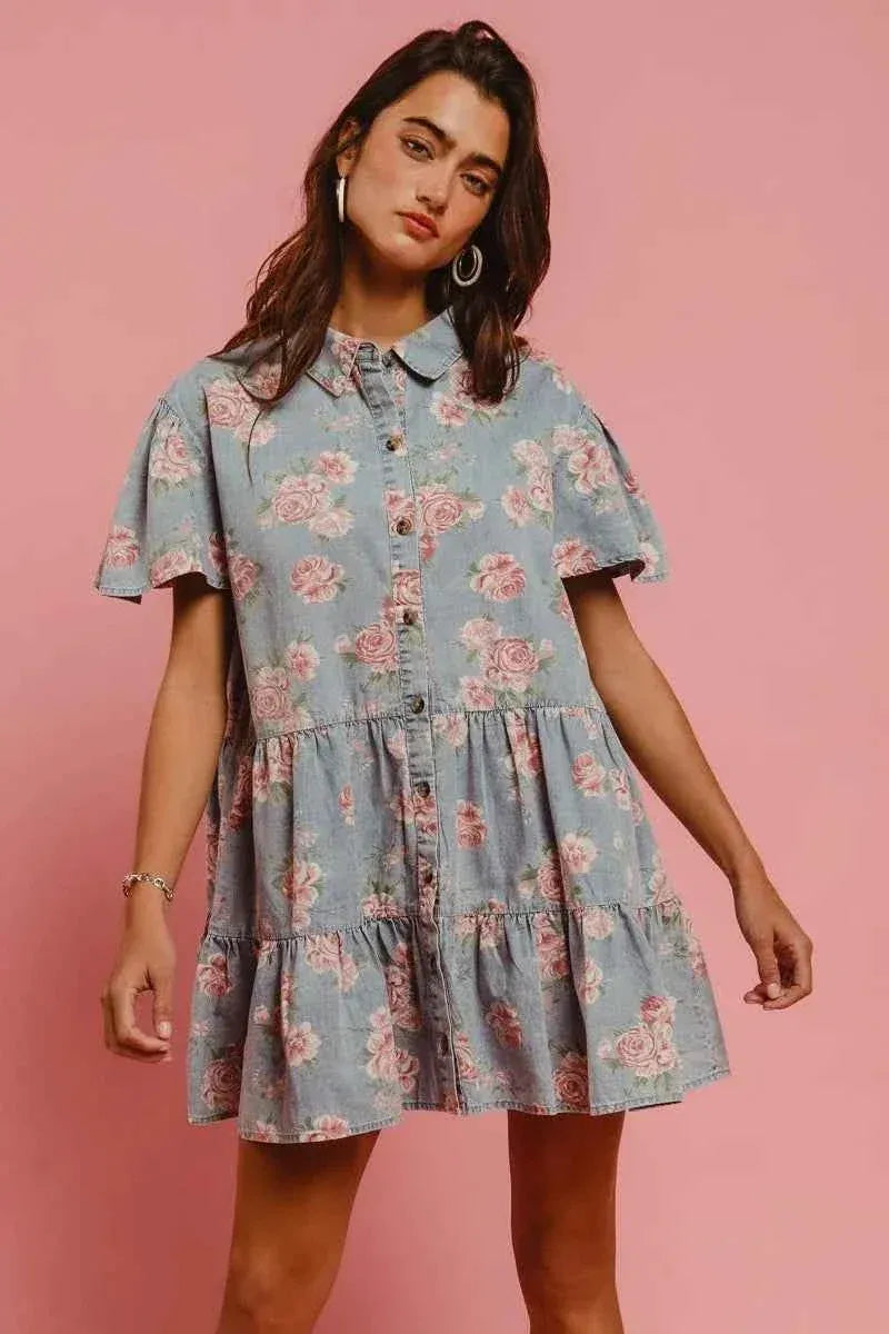 BiBi Floral Print Washed Lightweight Tiered Shirt Dress - Laazaar