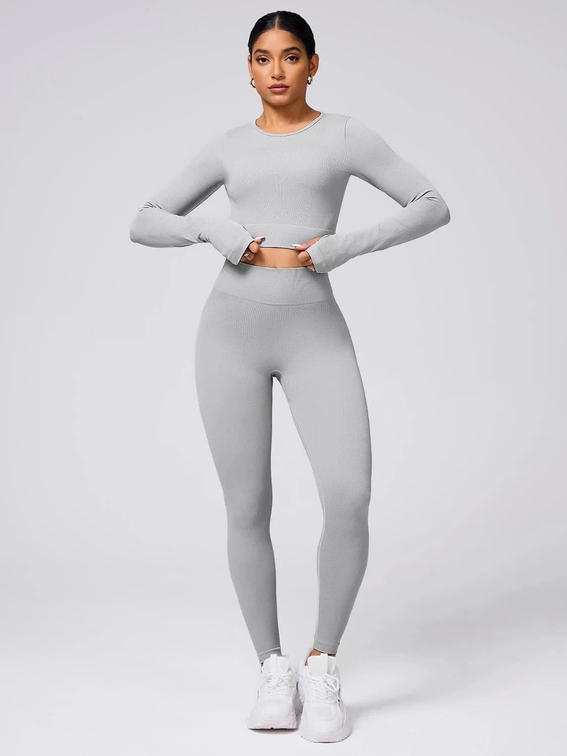 Back Crisscross Round Neck Long Sleeve Top and Leggings Active Set - Laazaar