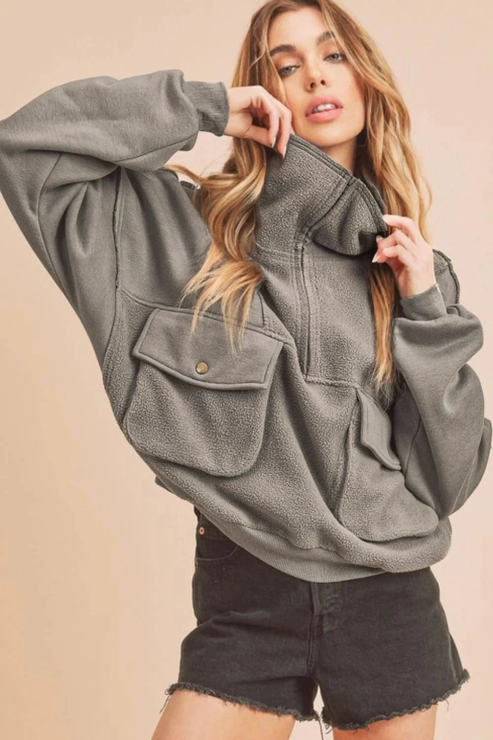 Aemi + Co Exposed Seam Half Zip Sweatshirt with Pockets - Laazaar