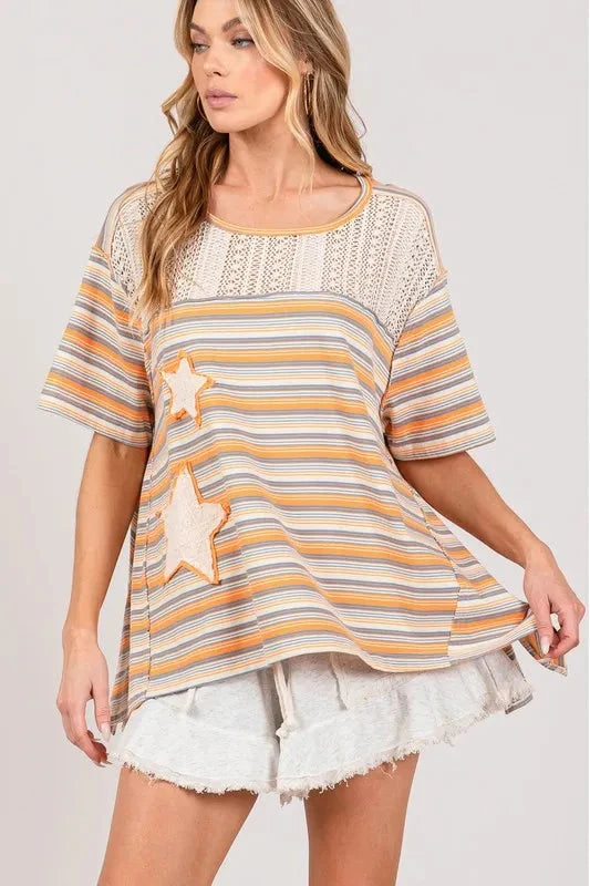 SAGE+FIG Accent Striped with Star Applique T-Shirt