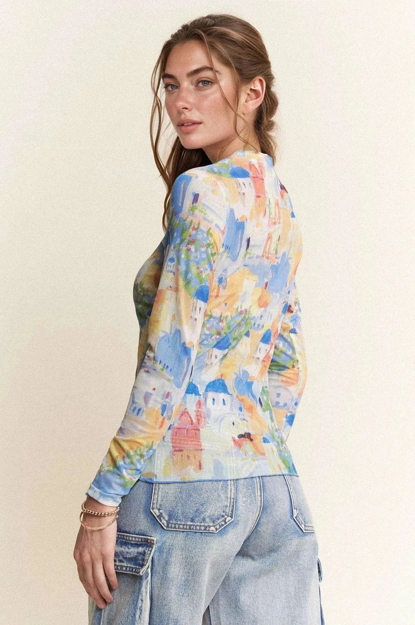 Davi & Dani Multi Printed Mesh Round Neck Long Sleeve Top