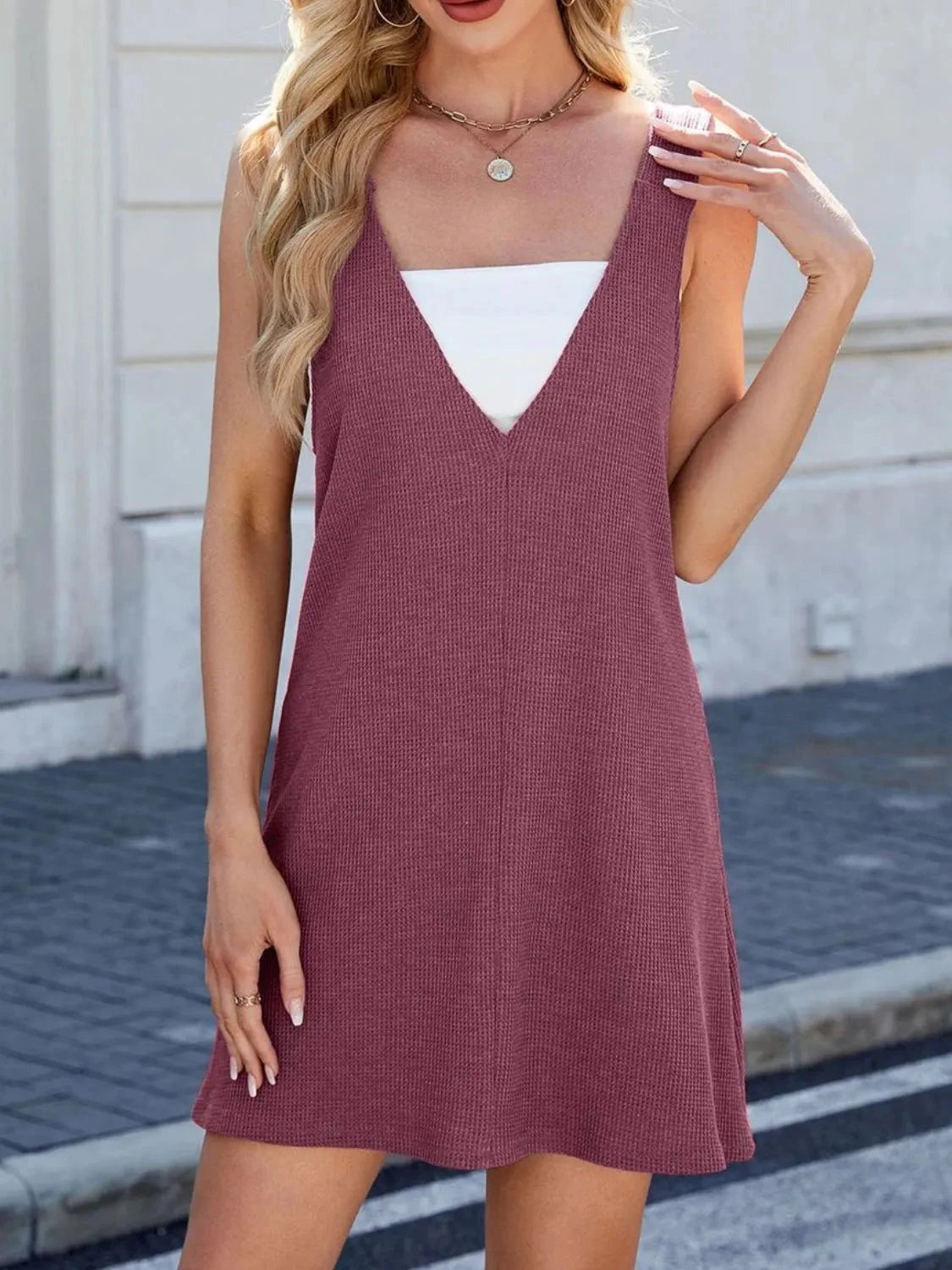 V-Neck Wide Strap Overalls Dress
