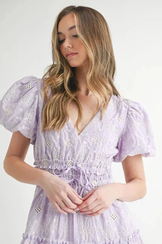 MABLE Eyelet Lace Puff Sleeve V Neck Midi Dress