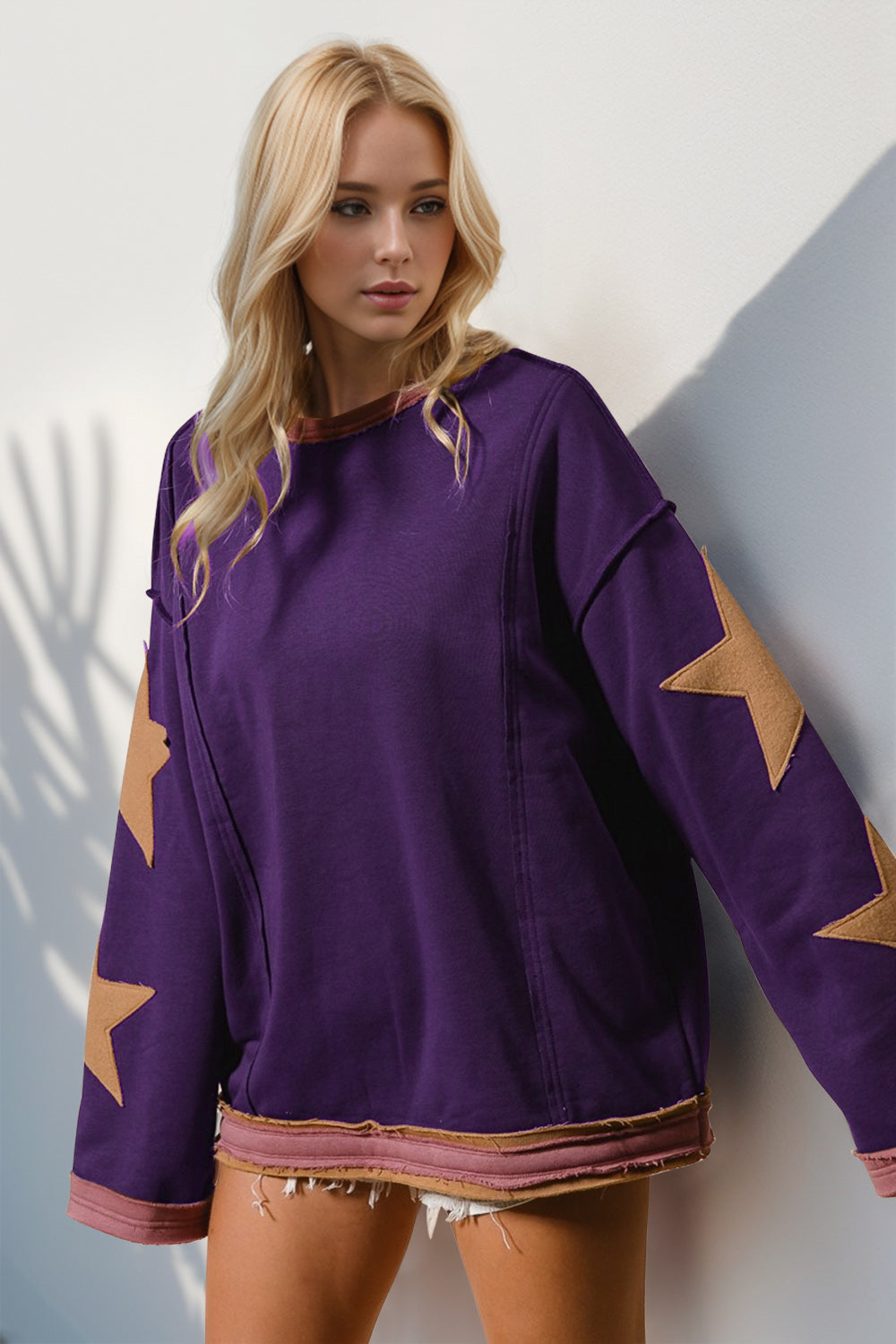 Double Take Star Patched Long Sleeve Sweatshirt - Laazaar