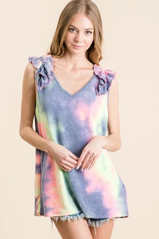 BiBi Tie Dye French Terry V Neck Top with Ruffle
