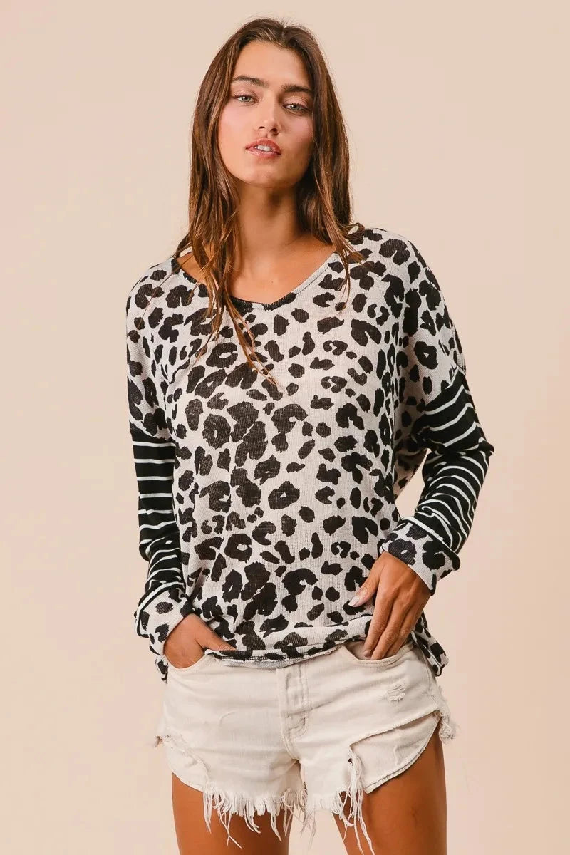 BiBi Leopard Hacci Knit Twist Back Top With Stripe Sleeve