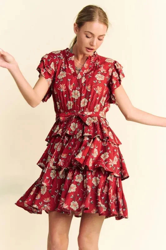 Davi & Dani Ruffle Flutter Sleeve Tie Belt Tiered Mini Dress