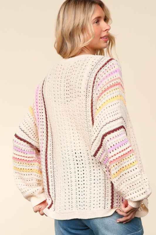 Haptics Full Size Striped Crochet Open Front Cardigan - Laazaar