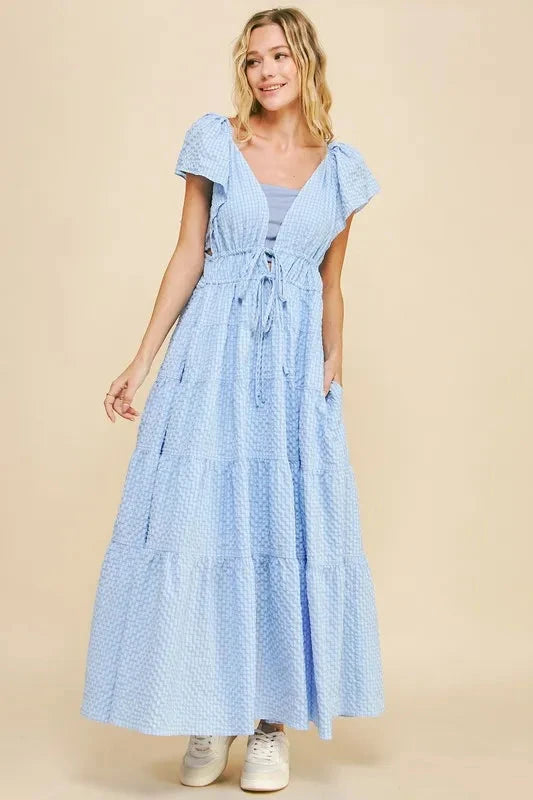 Davi & Dani Crinkled Texture Flutter Cap Sleeve Midi Dress