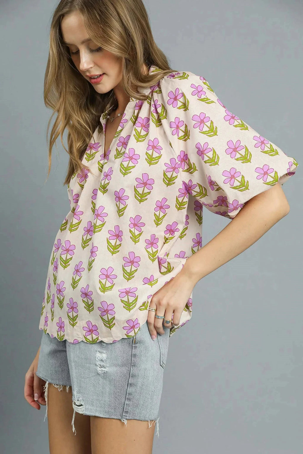 Umgee Floral Print Puff Sleeve Blouse