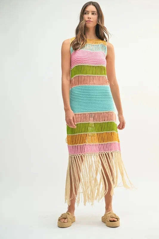 MABLE Multi Color Fringed Crochet Knit Dress