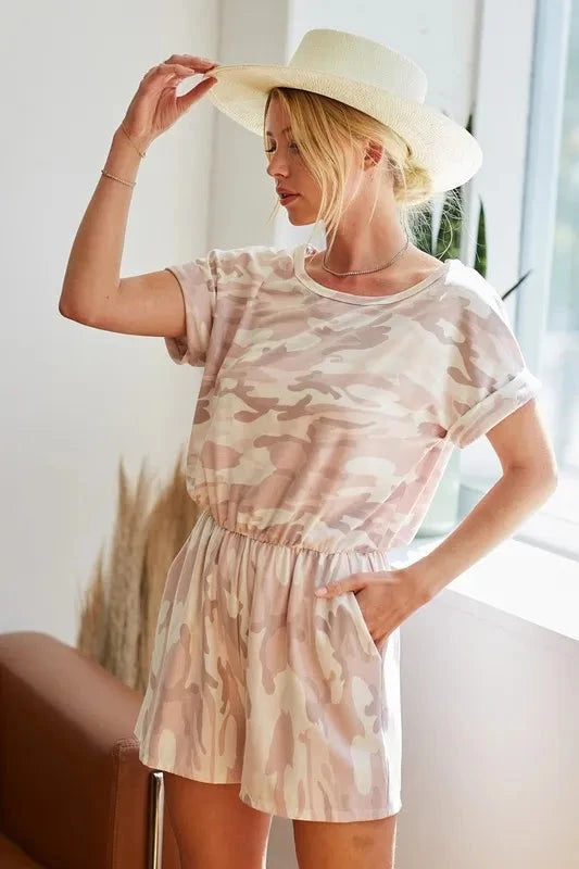 BiBi Camo Print French Terry Romper with Side Pockets