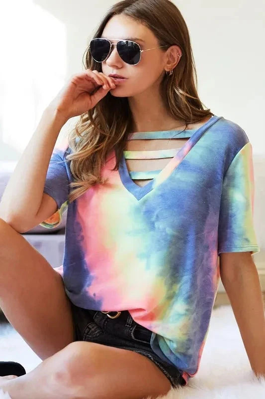 BiBi Tie-Dye V-Neck Short Sleeve T-Shirt