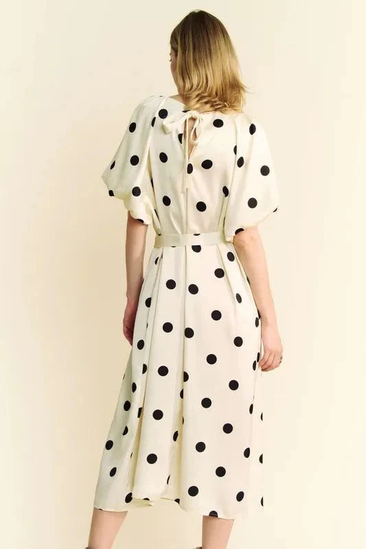 Davi & Dani Polka Dot Puff Sleeves Waist Tie Midi Dress
