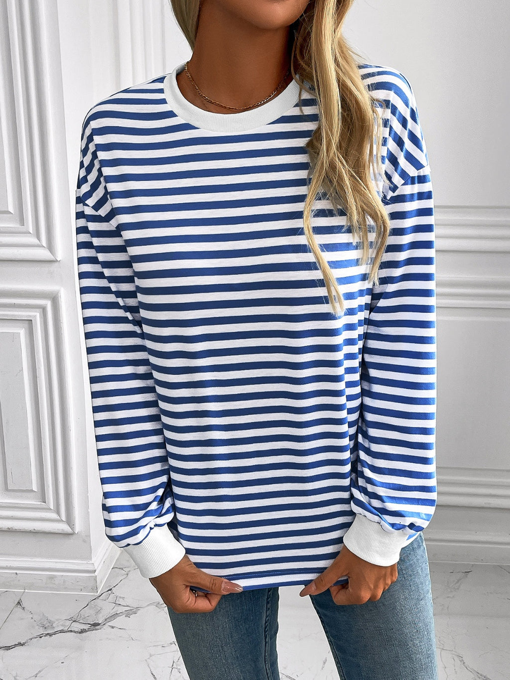 Ivy Lane Striped Round Neck Long Sleeve Sweatshirt - Laazaar