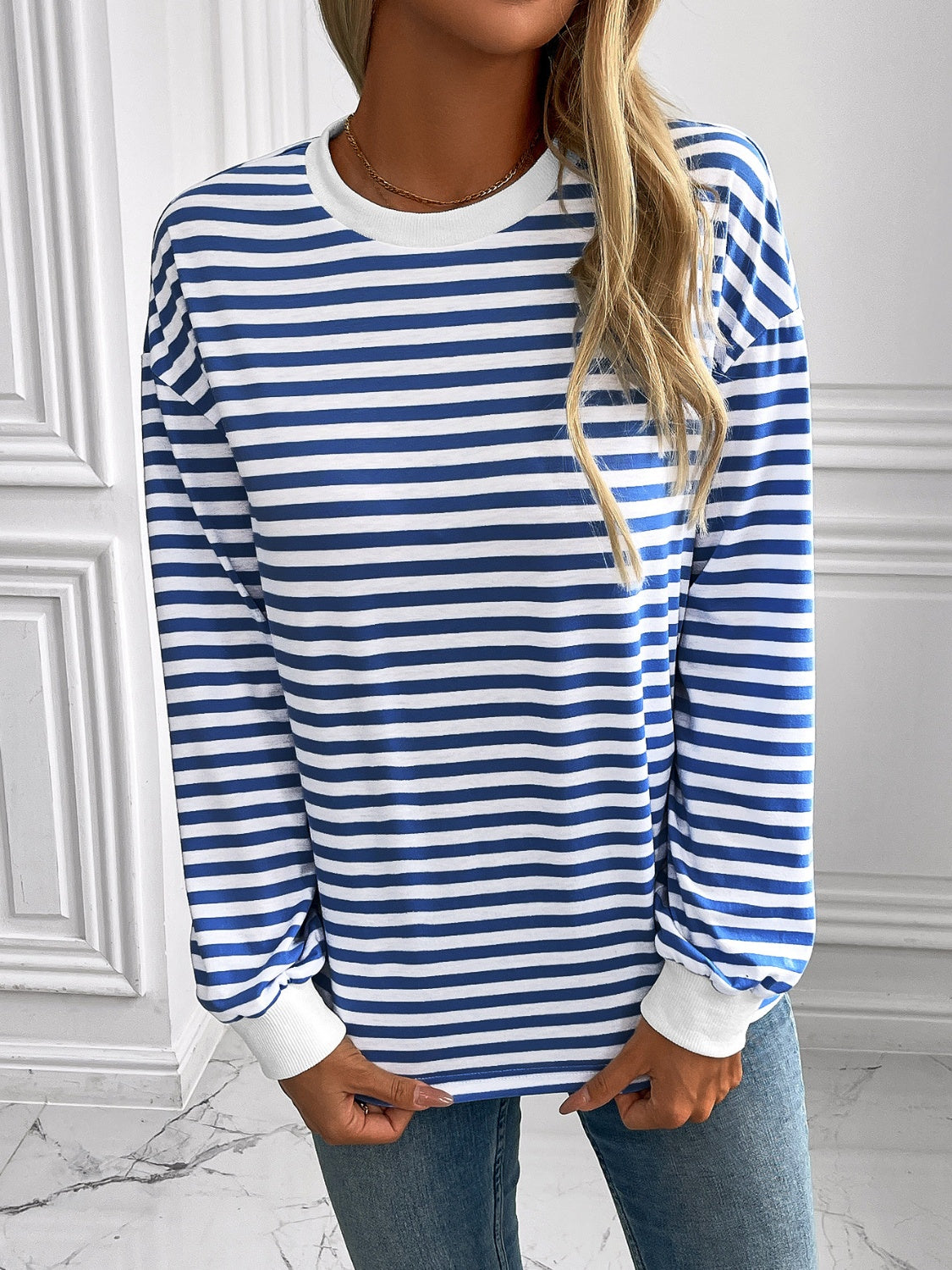 Ivy Lane Striped Round Neck Long Sleeve Sweatshirt - Laazaar