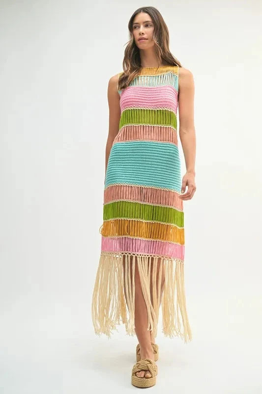MABLE Multi Color Fringed Crochet Knit Dress