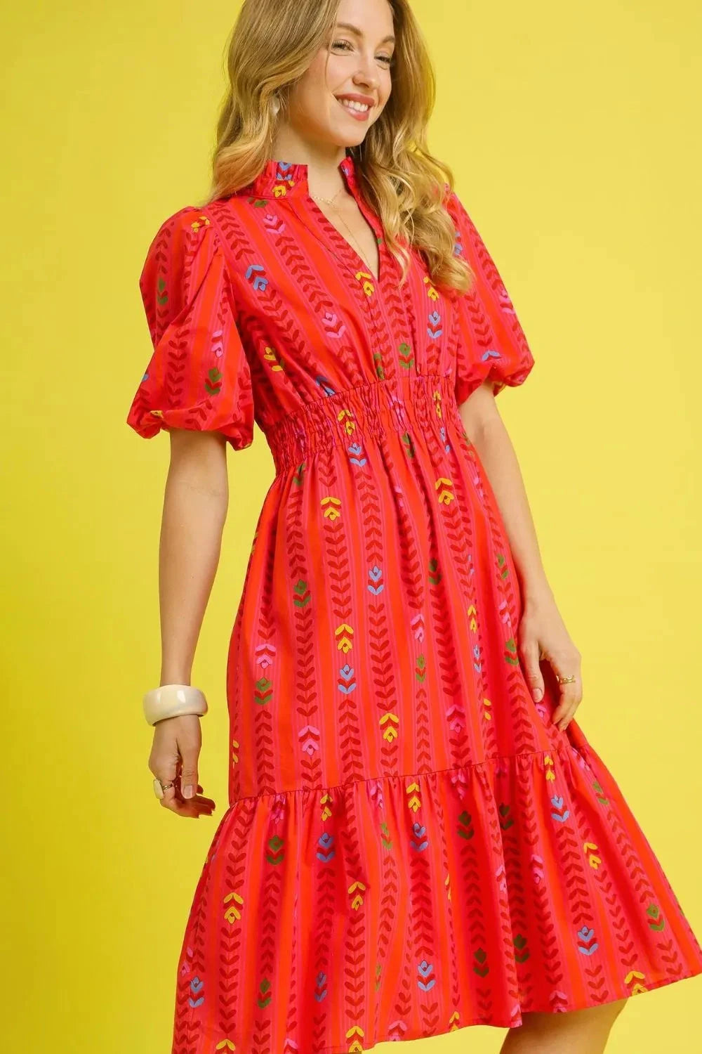 Umgee Printed Midi Dress with Ruffled Hem
