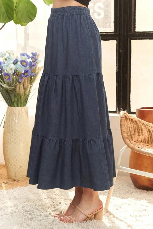 ADORA Waist Band Tiered Denim Maxi Skirt