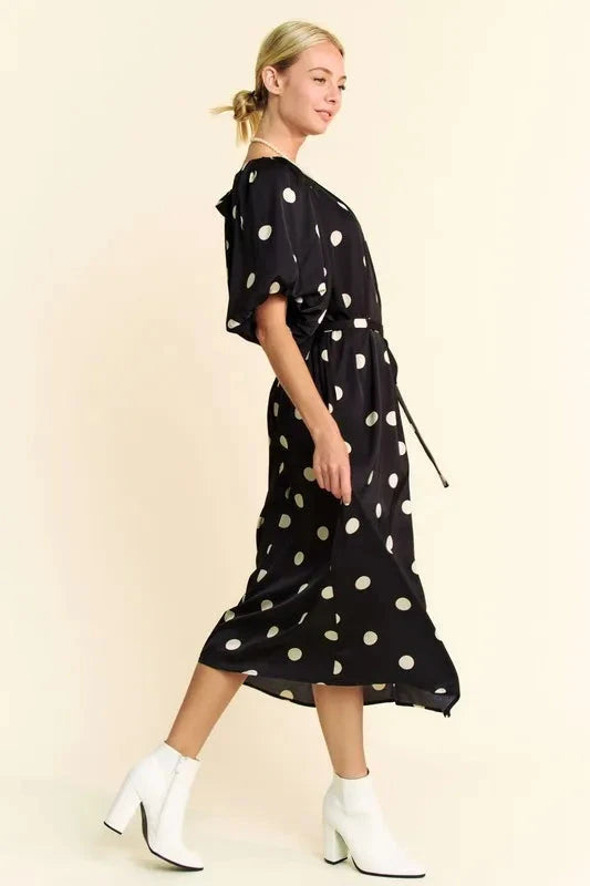 Davi & Dani Polka Dot Puff Sleeves Waist Tie Midi Dress