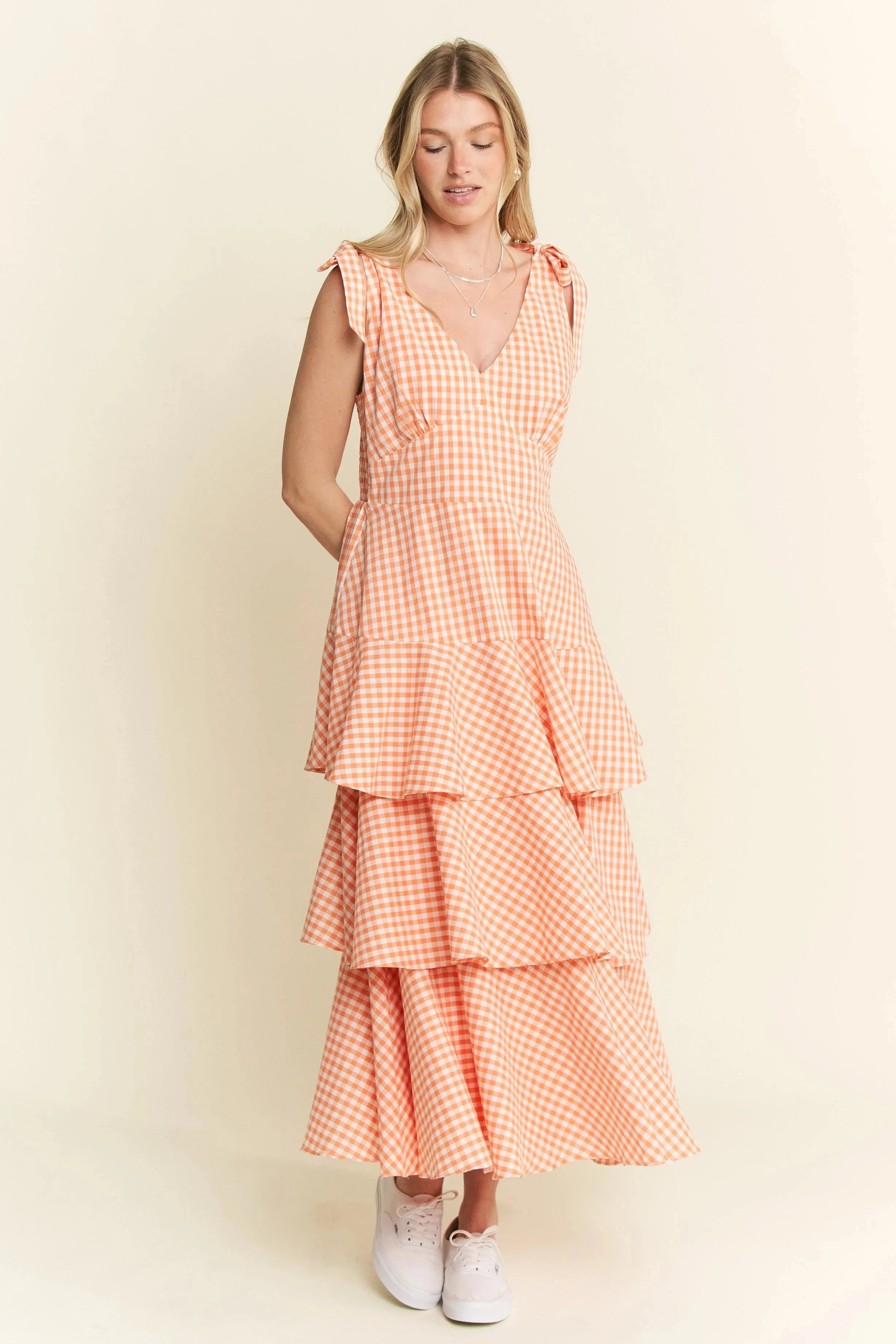 Jade By Jane Sleeveless Gingham Print Tiered Midi Dress