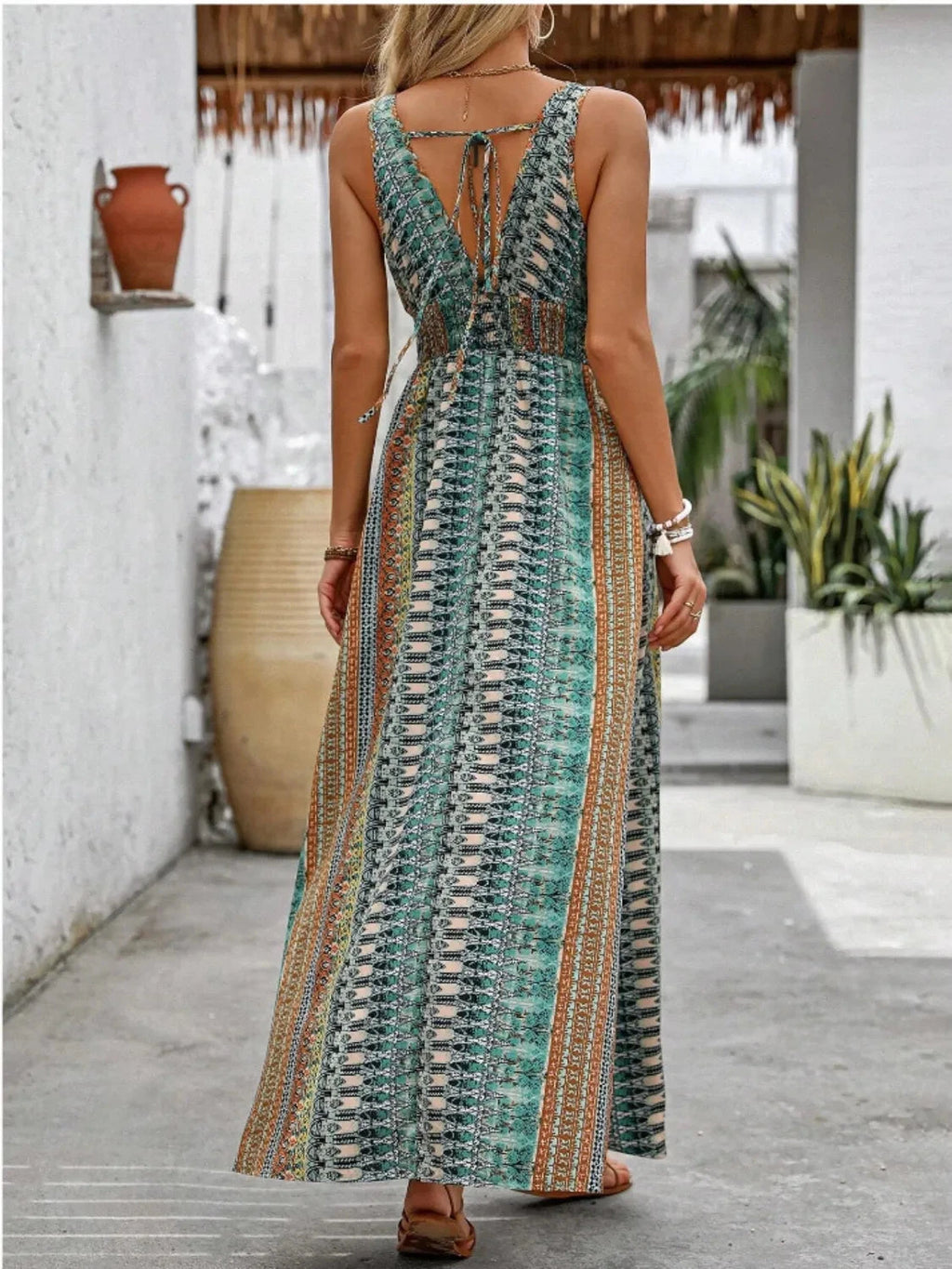 Tied Back Printed Sleeveless Maxi Slit Dress