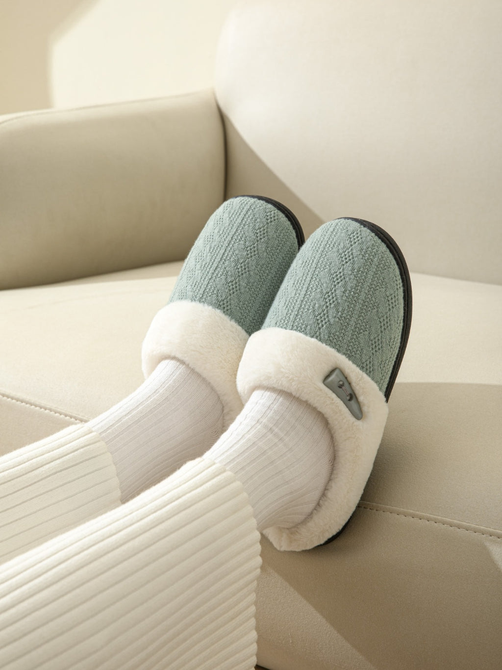 Horn Buckle Furry Texture Flat Slippers - Laazaar