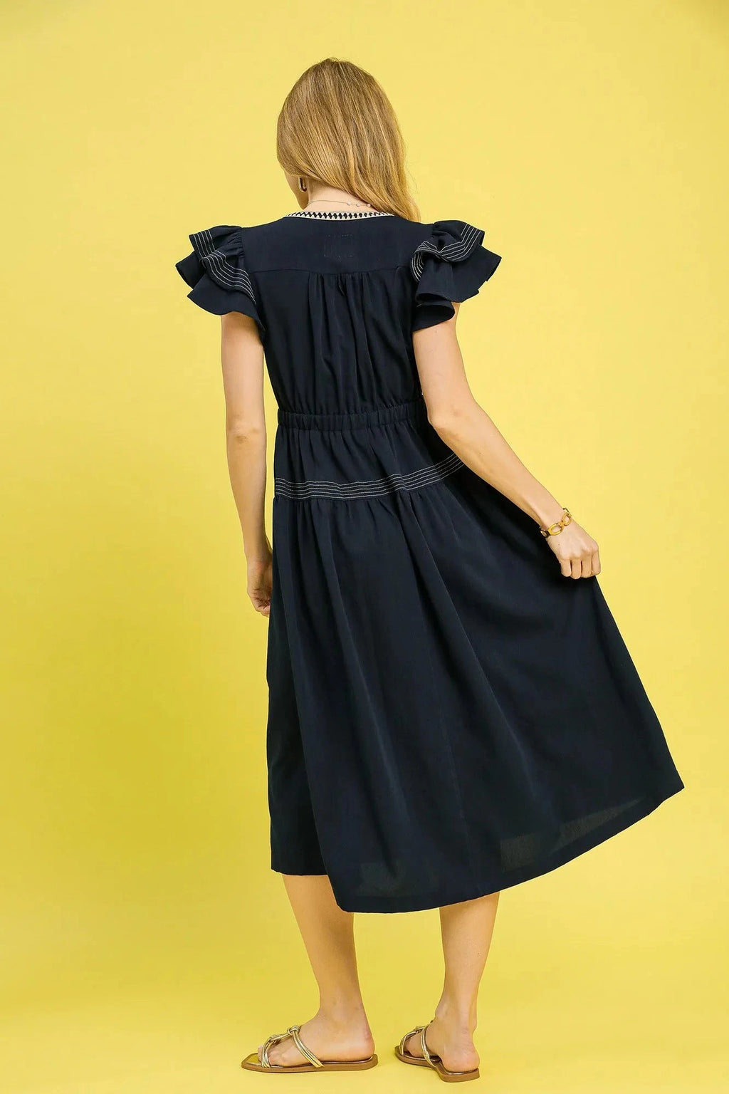 Umgee Ruffled Cap Sleeve Midi Dress with Contrast Trim Detail