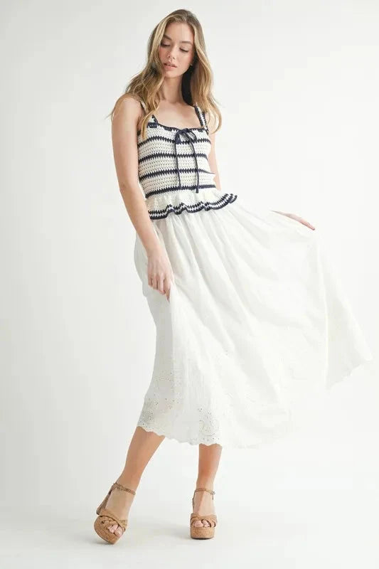MABLE Crochet Stripe Knit Eyelet Mix Midi Dress