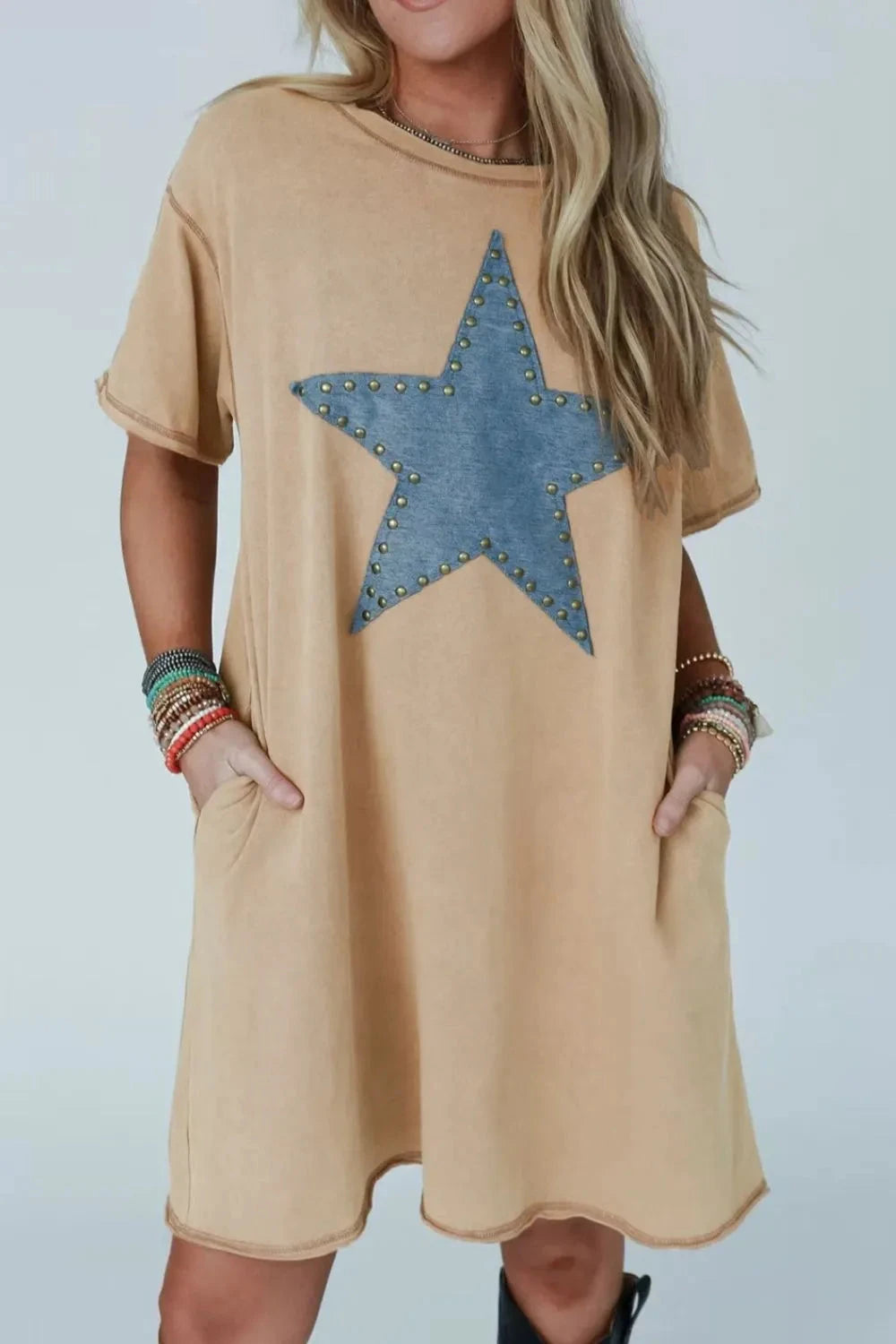 Mineral Wash Stud Beaded Star Pocketed T Shirt Dress