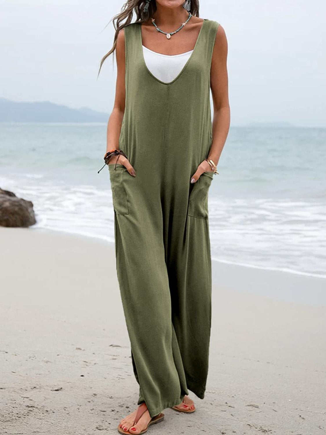 Full Size Wide Strap Jumpsuit with Pockets - Laazaar