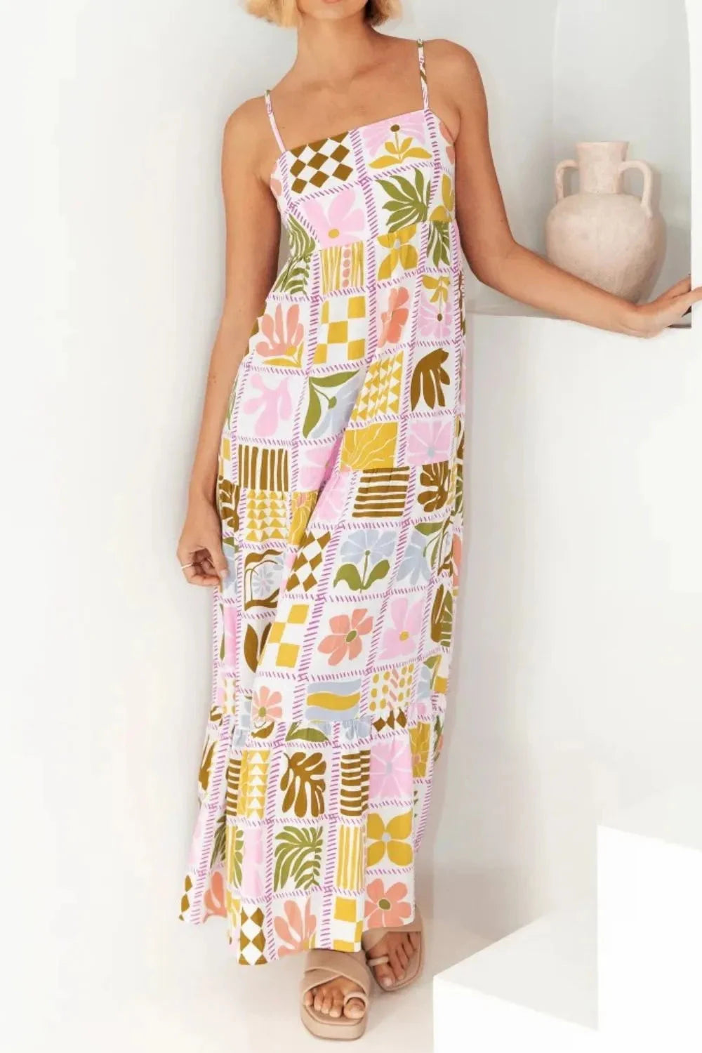 Cutout Back Printed Square Neck Maxi Cami Dress