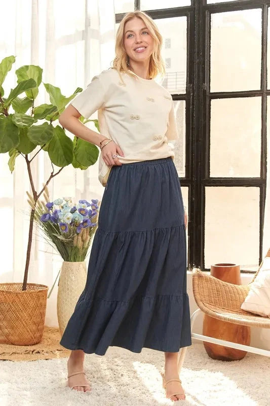 ADORA Waist Band Tiered Denim Maxi Skirt