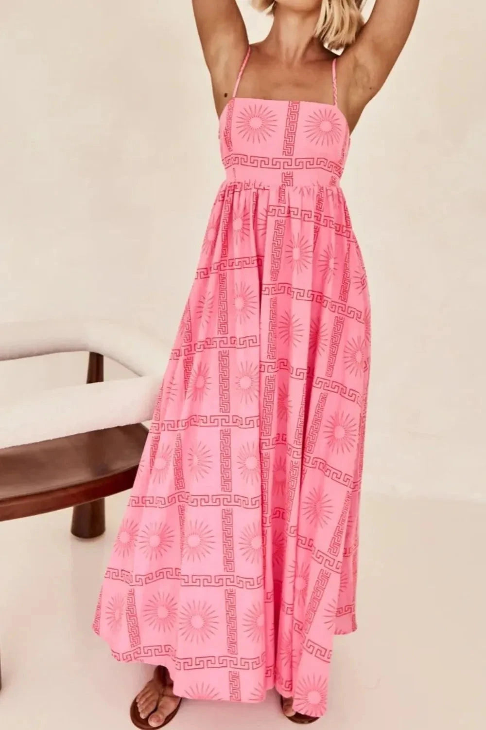 Cutout Back Printed Square Neck Maxi Cami Dress