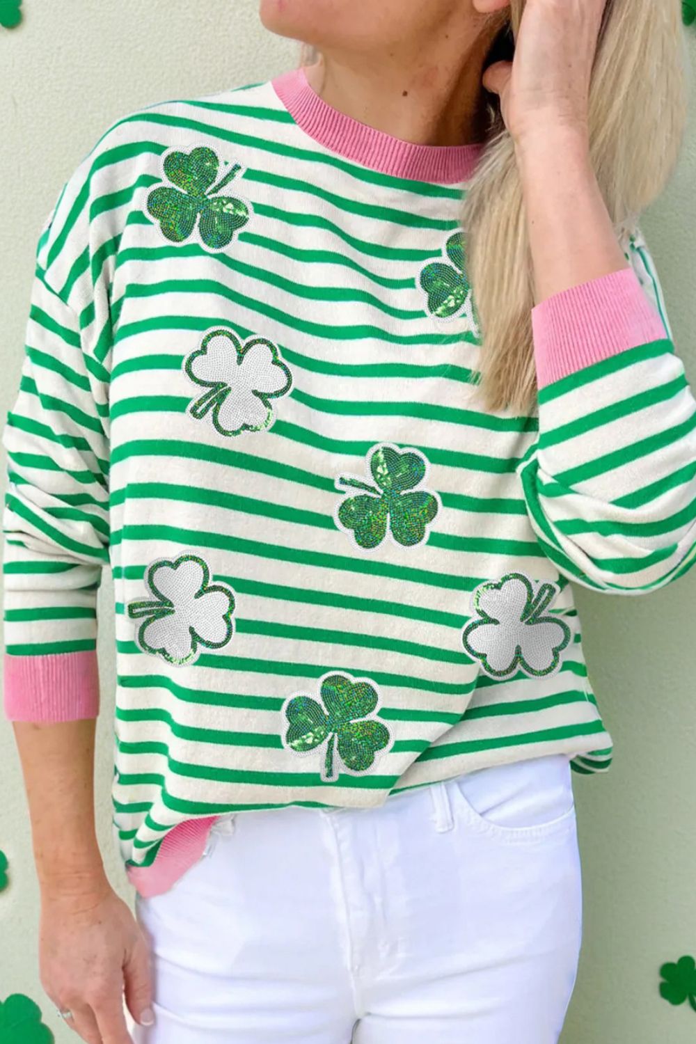 Striped Lucky Clover Long Sleeve Sweatshirt - Laazaar