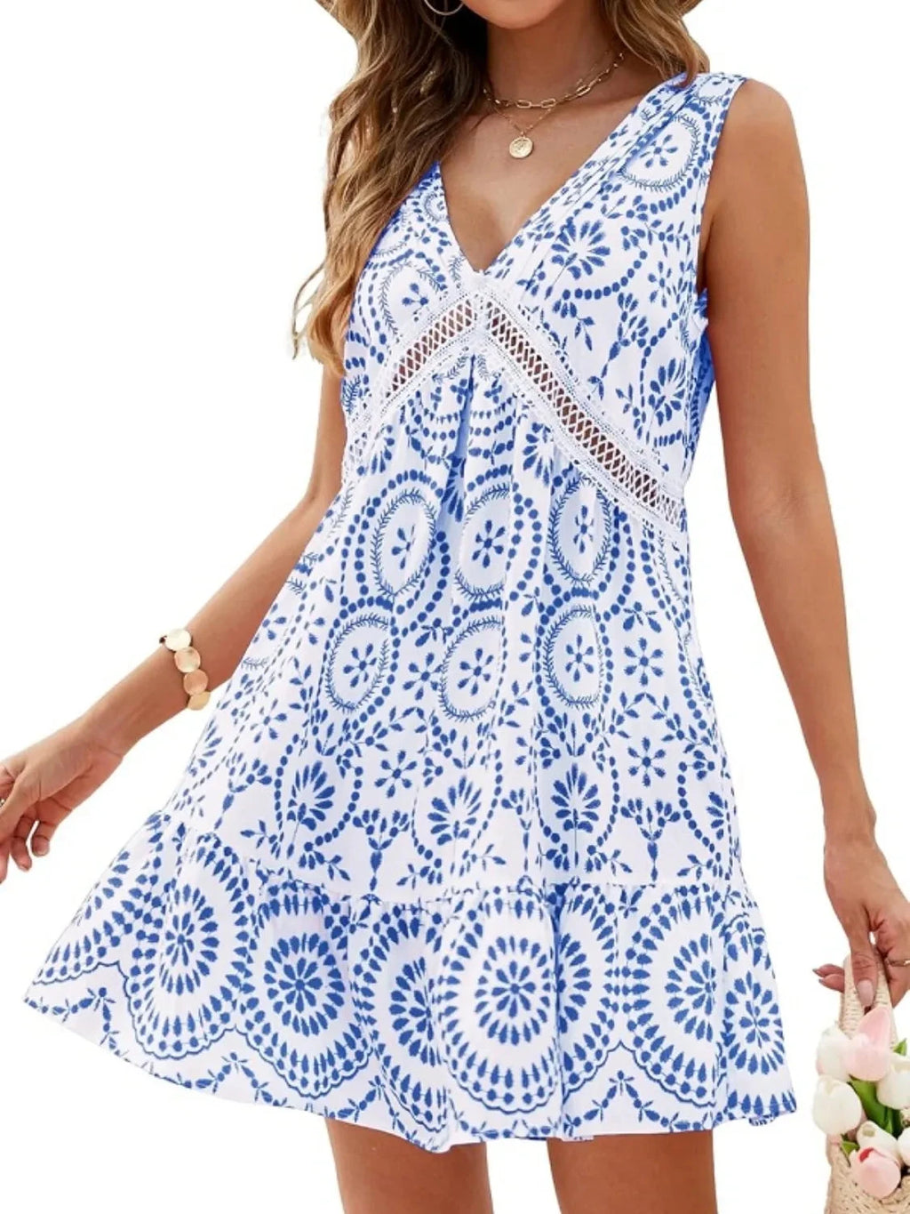 Printed V-Neck Sleeveless Mini Dress