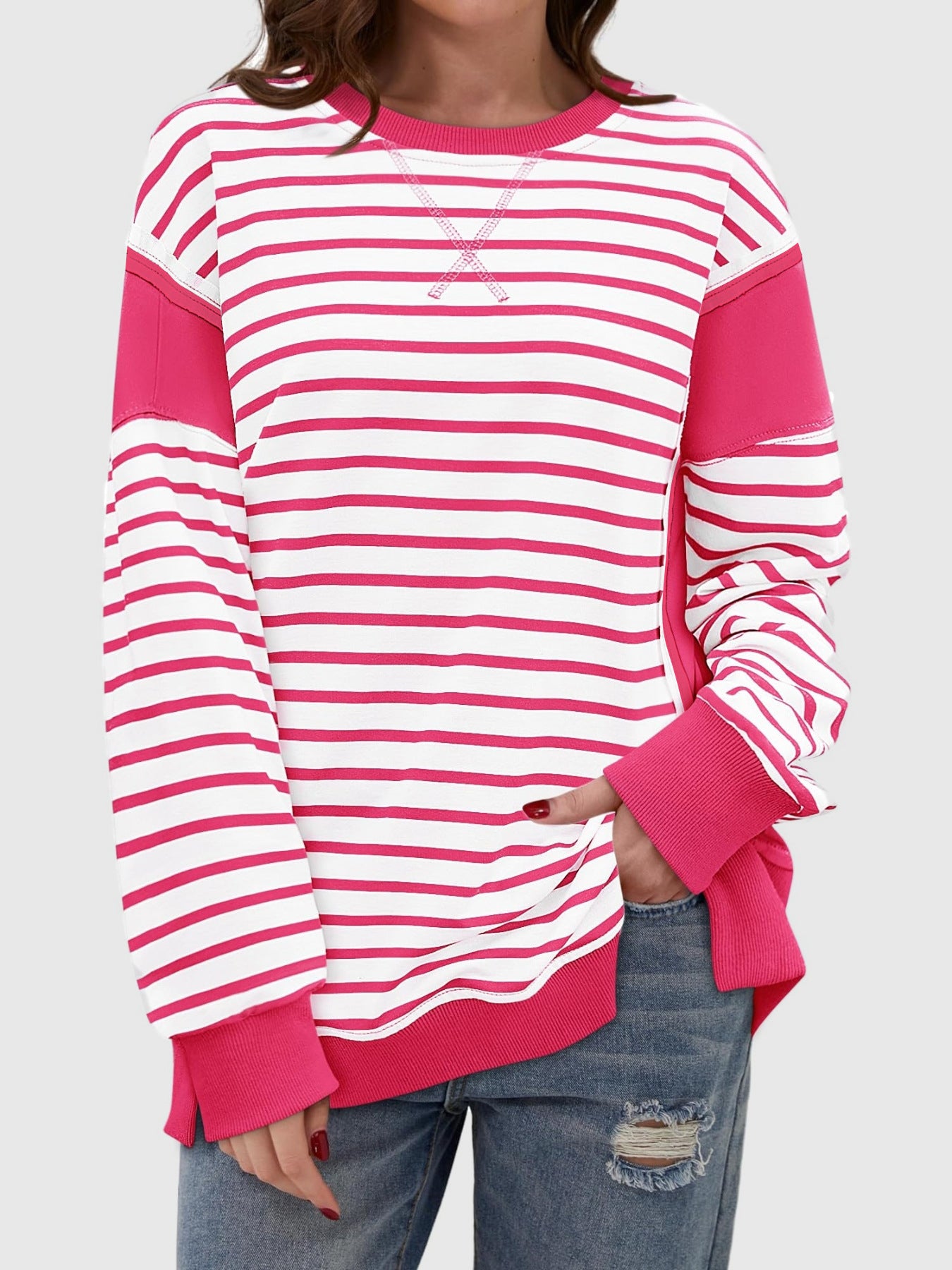 Slit Exposed Seam Striped Long Sleeve Sweatshirt - Laazaar
