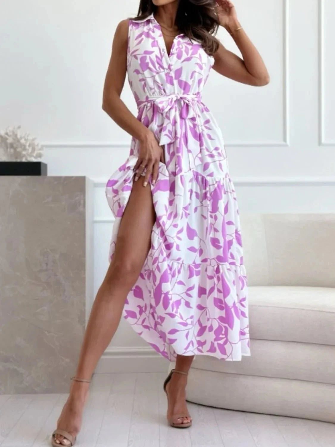 Sleeveless Tie Waist Printed Dress