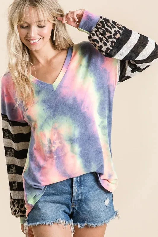BiBi Tie Dye V Neck Top with Stripe Puff Sleeves