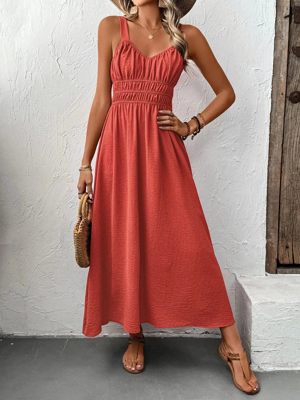 V-Neck Wide Strap Midi Cami Dress