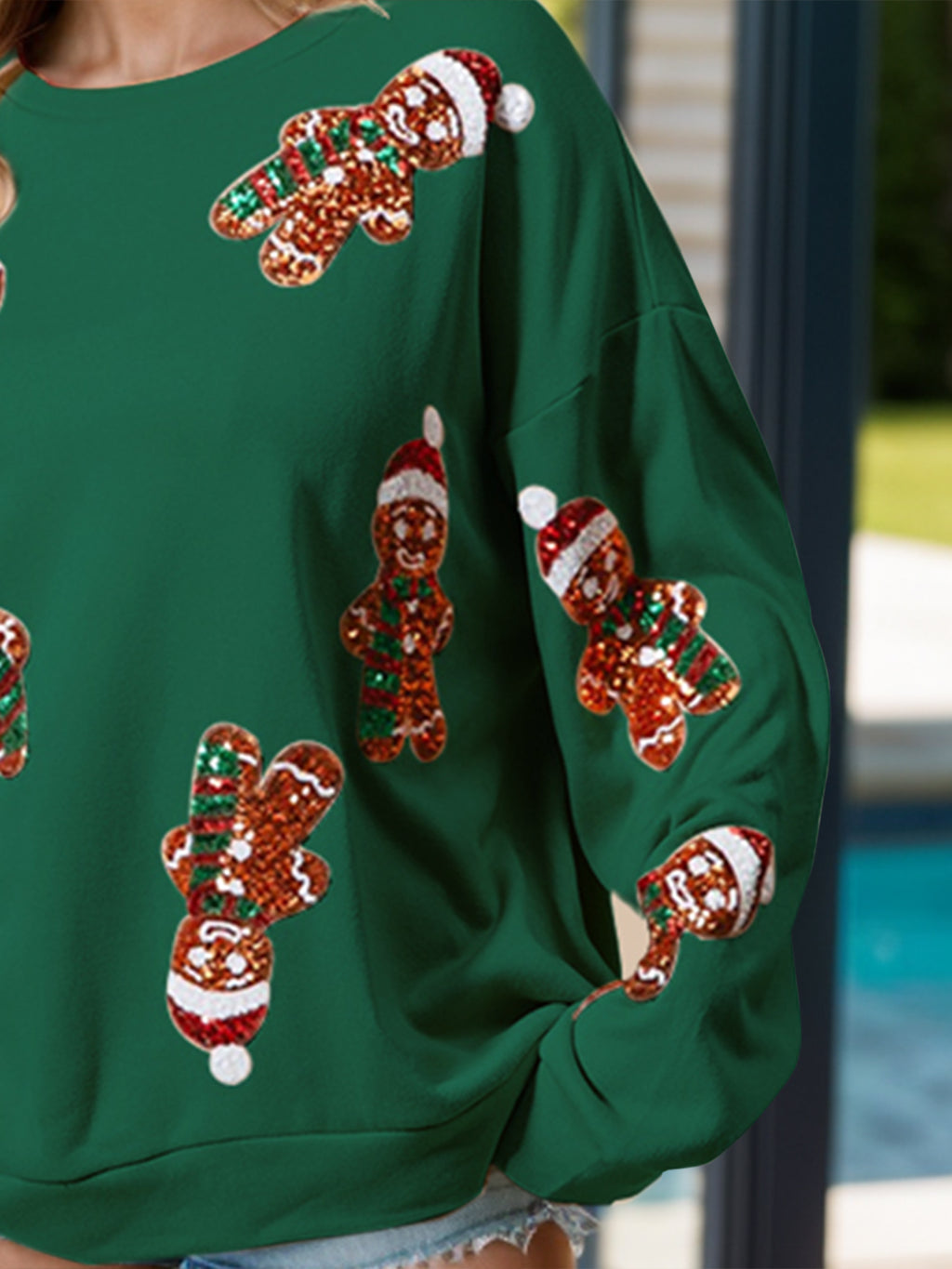 Sequin Gingerbread Man Long Sleeve Sweatshirt - Laazaar