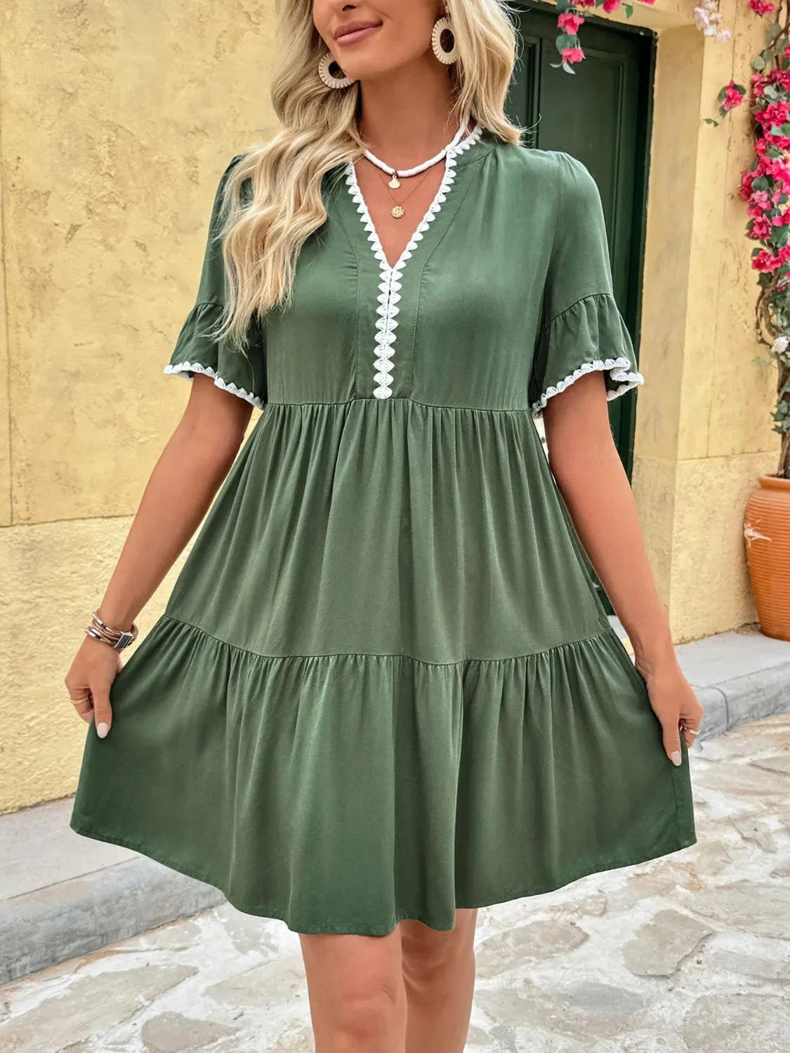 Lace Detail Notched Flounce Sleeve Mini Dress