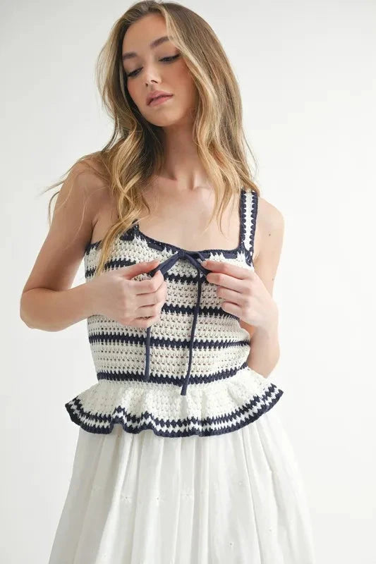 MABLE Crochet Stripe Knit Eyelet Mix Midi Dress