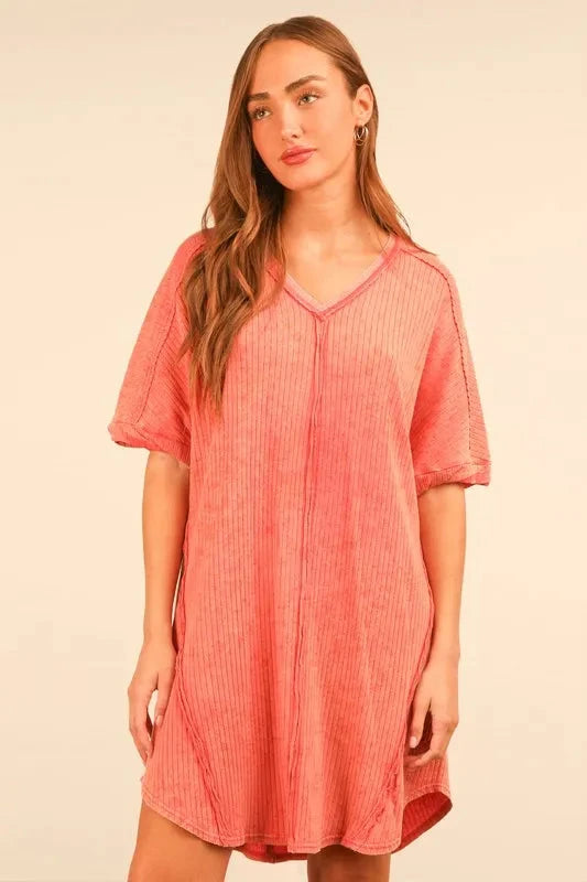 VERY J Plus Size Mineral Washed Ribbed Knit Mini Dress