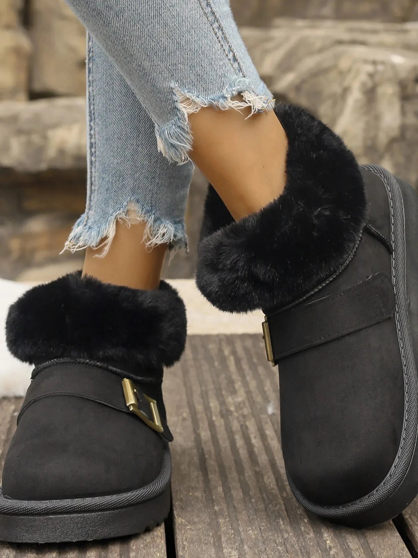 Fur-Lined Buckle Winter Ankle Boots