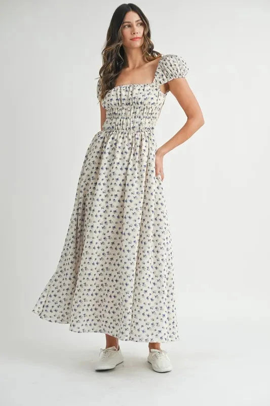 MABLE Floral Print Puff Sleeve Gathered Midi Dress