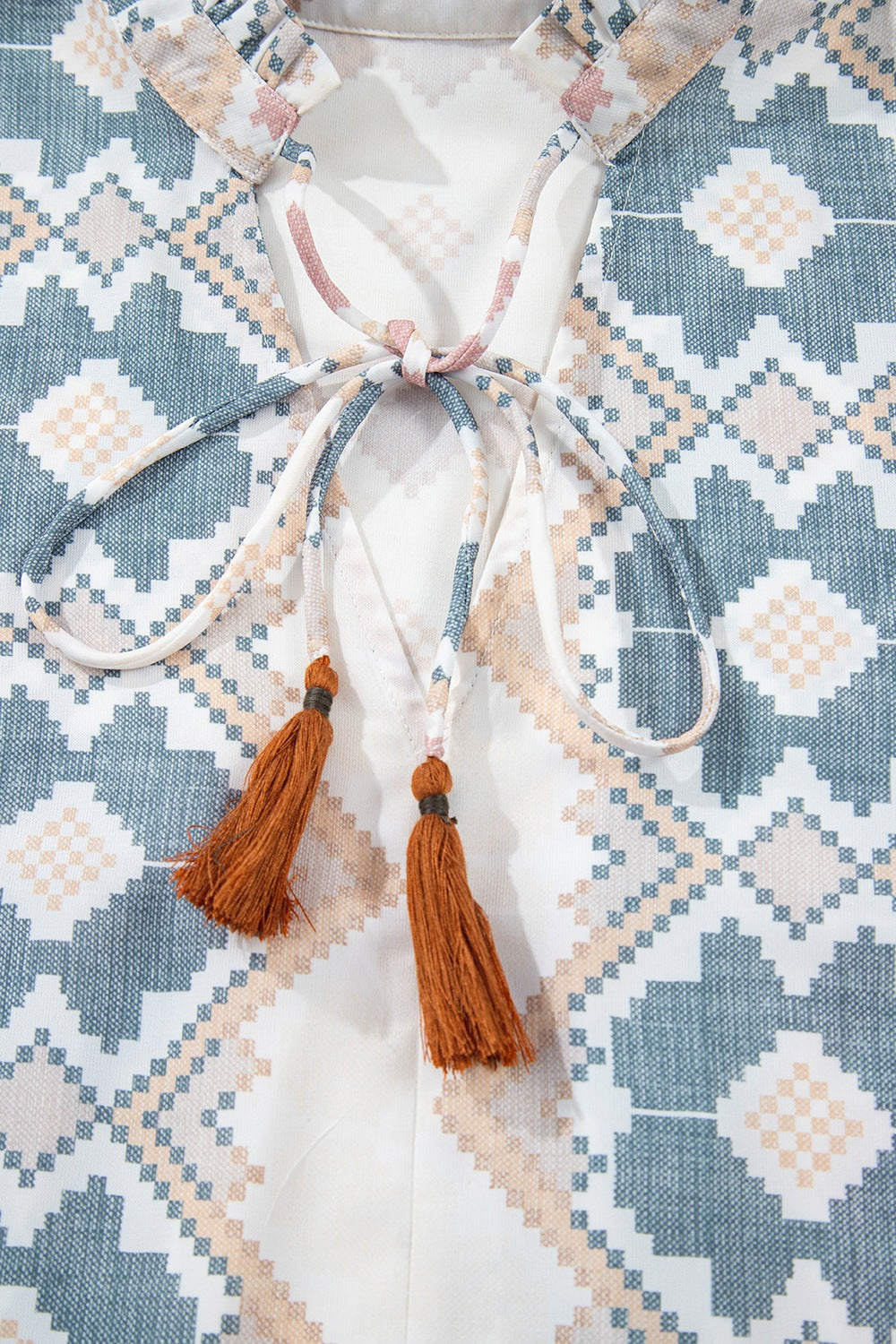 Tassel Tie Neck Balloon Sleeve Blouse - Laazaar