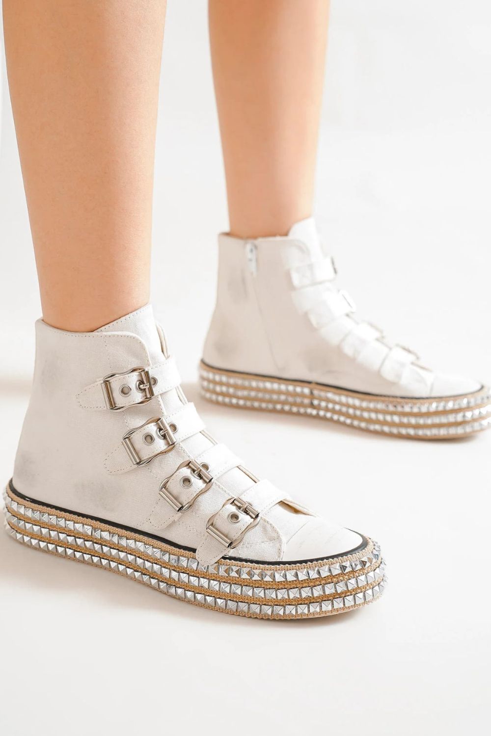 Beast Fashion Multi-Buckle Straps Studded Platform Sneakers - Laazaar