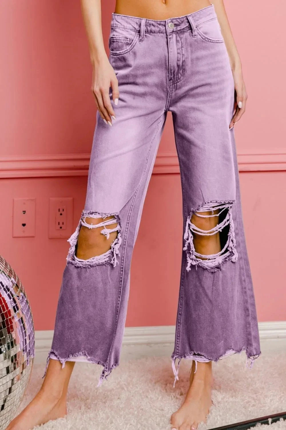 BiBi Distressed Vintage Washed Wide Leg Pants