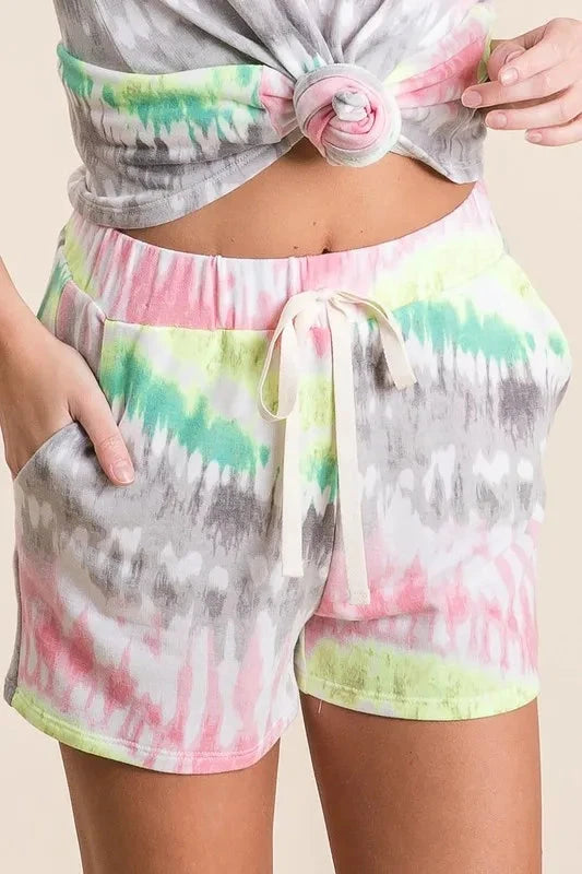BiBi Tie Dye Print Shorts With Twill Tape Drawstring
